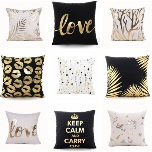 Golden Love Leaves Bronzing Cushion Decorative Pillow Black And White Velvet Pillowcase Home Decor Sofa Throw Pillows 17*17inch