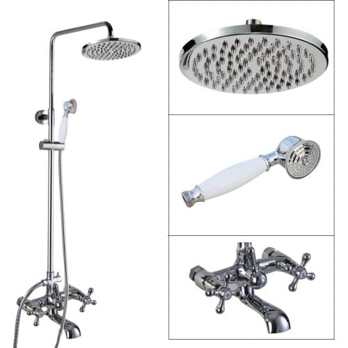 Polished Chrome Wall Mounted Bathroom Rain Shower Faucet Set Dual Cross Handle Tub Tap + Hand-Held Shower Head acy320
