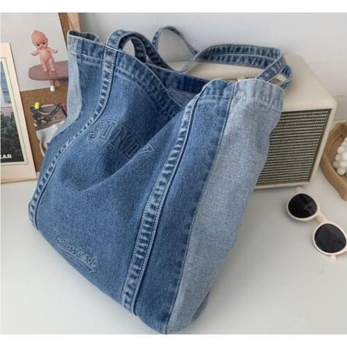 Embroidery Casual Tote Shoulder Bags Canvas Jeans Messenger Bags Soft Student Large Capacity Open Shopping Handbags For Women