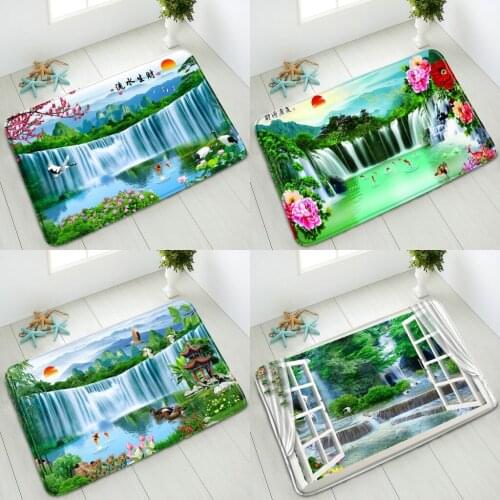 Waterfall Landscape Bathroom Anti-slip Mat 3D Window Green Forest Flowers Plants Crane Indoor Entrance Doormat Absorbent Carpet