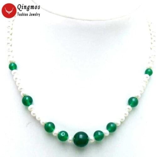 Qingmos 5mm Round Natural White Pearl Necklace for Women with Green Jades Pendant Necklace 17" Chokers Jewelry