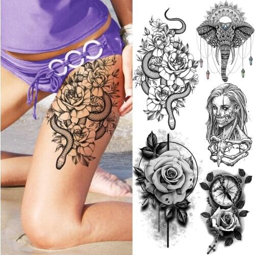 Realistic Black Peony Flower Thigh Snake Temporary Tattoos For Women Girl Elephant Vampire Compass Body Art Washable Tatoo Decal