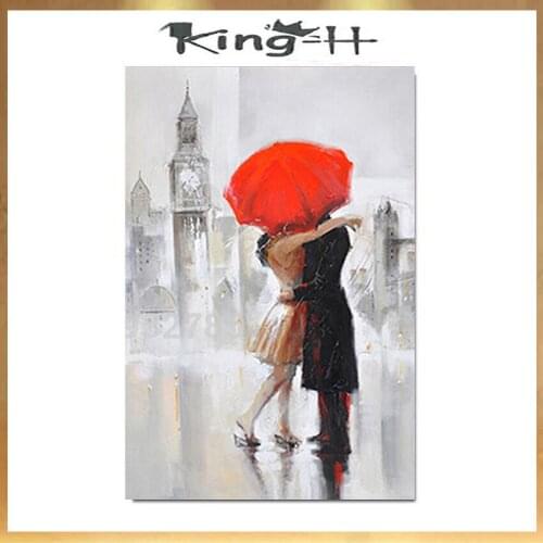Modern knife painted Abstract Knife Romantic Lovers Kiss in Big Ben Handmade Oil Painting Modern Rainy Street Acrylic