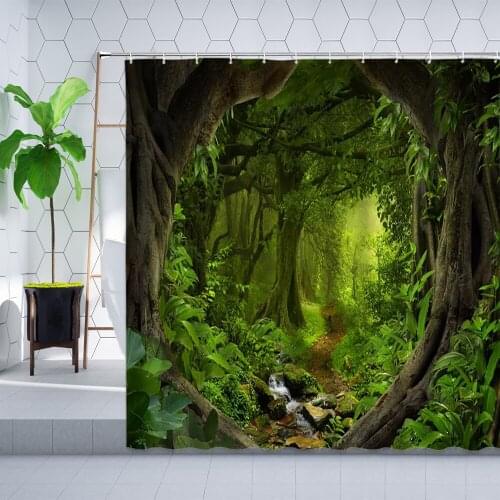 Tropical Jungle Tree Hole Shower Curtain Sets Green Plants Forest Leaf Bathroom Decor Bathtub Screen Hanging Curtains Polyester
