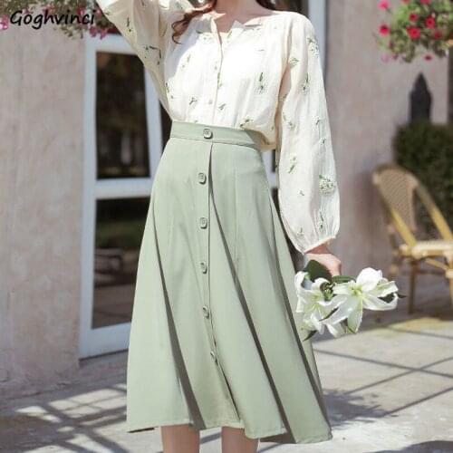 Skirts Women Single Breasted Solid Elegant A-line High Waist Button Pleated Ulzzang Soft Leisure Designed Korean Style All-match