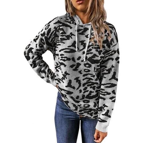 Women Hoodie Leopard Printed Long Sleeve Knitted Drawstring Pullover Hoodie