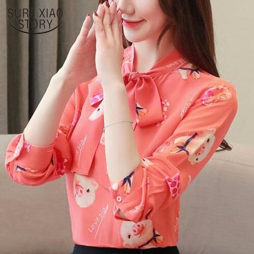 Women blouses 2021 chiffon blouse womens clothing ladies tops Bow Stand clothes plus size tops harajuku pink Full 2828 50