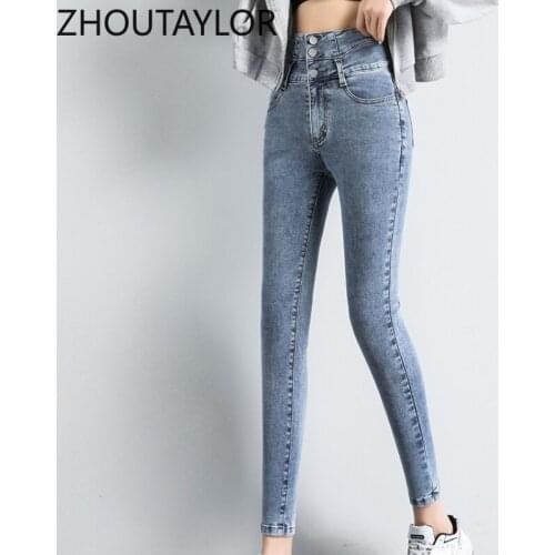 ZHOUTAYLOR Women Jeans Button High Waisted Zippers Pencil Pants Femme Office Lady Autumn 2021 Ankle-Length Trousers Female