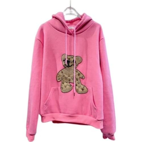 Women hooded sweatershirt plus velvet 2021 autumn winter Shiny beaded cartoon bear pullover hoodies woman sudaderas mujer