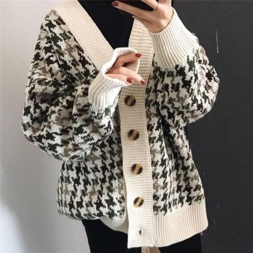 Womens Fashion Cardigan Sweater Long Sleeve Houndstooth Knitted Sweater Harajuku Plus Size