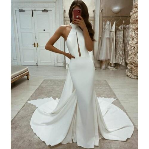 Sexy Halter Long Satin Mermaid Wedding Dresses Pleated Custom Floor Length Criss Cross Back Bridal Gowns for Women