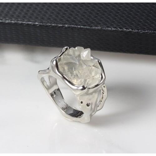 Womens New Personality Ring Creative Metal Ring Irregular Semi Precious Stone Ring Exaggerated Hip Hop Style Jewelry