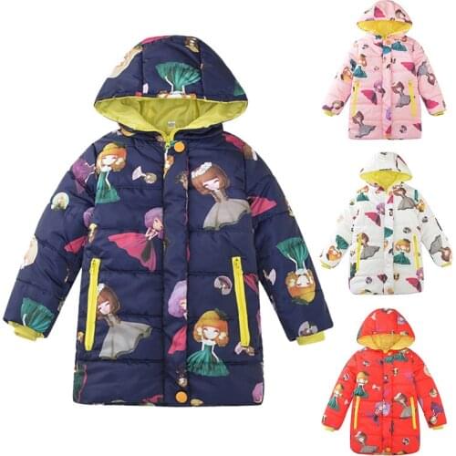 3-12 years old girl winter coat jacket with hood and zipper long coat thick and warm cartoon cute girl printing down jacket