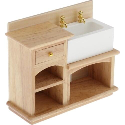 1:12 Dollhouse Furniture Vintage Wooden Stove Sink Cabinet Bathroom Life Scenes Decor, Room Box DIY Supplies