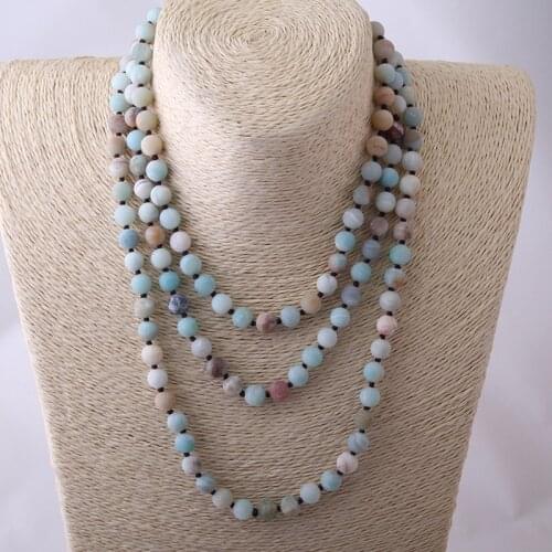 Free Shipping long Knotted Halsband Knot Frosted Amazonite Stones Necklace