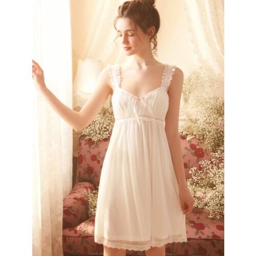 Free Shipping 2021 New Summer Womens Nightgown Modal and Cotton Nightshirt Short Pijamas Beauty White Girl Soft Lace Slip