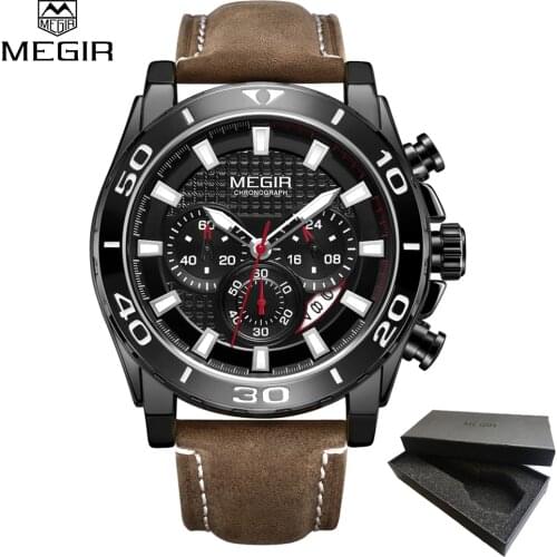 2019 New MEGIR Fashion Sport Watch Men Luxury Brand Quartz Watches Chronogragph Clock Leather Band Army Military Wrist Watch box