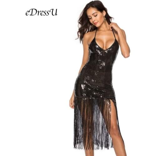 Black Sequined Tassel Dress Sexy Spaghetti Strap Halter Backless Evening Party Dress Club Night Out Wear eDressU OSH-18518