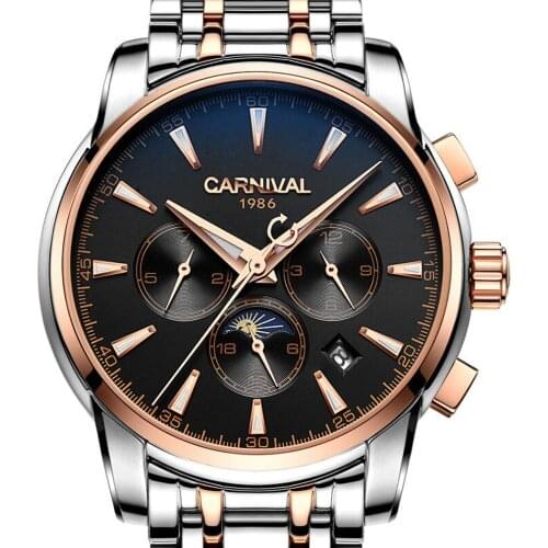 Carnival Mens Business Multifunction Dial Steel Watchband Automatic Mechanical Watch Wristwatch - gold bezel black dial