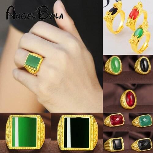 24K Gold Black Red Color Finger Rings for Men Adjustable Mens Ring Wedding Sand Gold Color No Fade Alluvial Jewelry Accessories