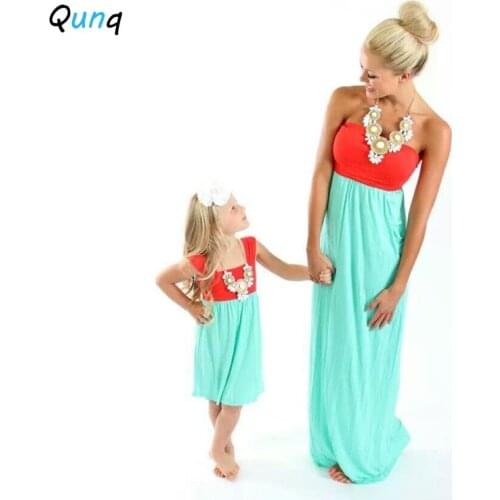 Qunq Summer Mother Daughter Dress Sleeveless Color Patchwork Maxi Dresses for Women Kids Girl 2021 New Family Matching Outfits