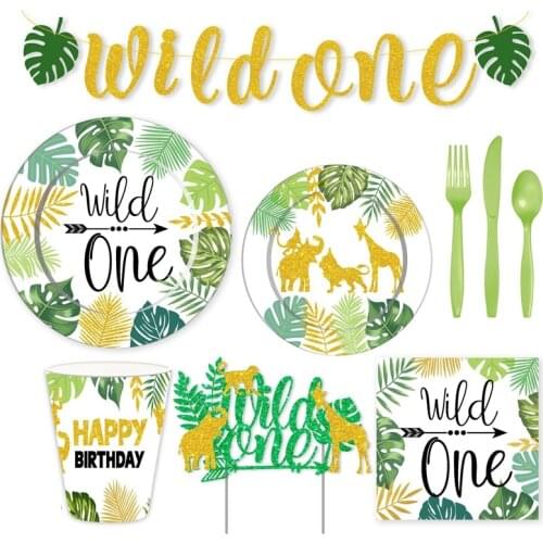 Wild One Birthday Party Disposable Tableware Set Paper Plates Napkins Cups Jungle Safari Baby Shower Birthday Party Decorations