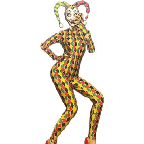 New Women Clown 3D Printed Lattice Jumpsuit Glisten Crystals Rompers Costume Stretch Bodysuit Stage Performance Dance Outfit Set