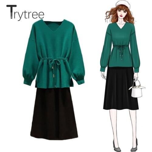 Trytree 2020 Autumn Winter Two piece set Casual V-neck Loose Solid Belt Split hem Top + Dress Sling Black Fashion 2 Piece Set