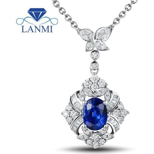 Oval 5x7 mm 18 K White Gold Natural Diamond Sapphire Pendant Necklaces For Women WU41SA