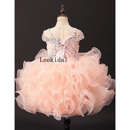 Blush Pink Off Shoulder Little Girls Pageant Dress Crystal Ruffles Straps Kids Party Formal Dress Ball Gown Flower Girl Dresses