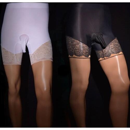 Sexy Men Lace High Waist Boxers Ice Silk Smooth Sexy Wear Plus Size Bodysuit COCKring Pants U Convex Puoch Sexy Thong F28