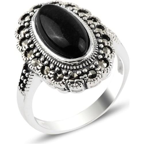 Silver 925 Sterling Onyx & Marcasite Ring