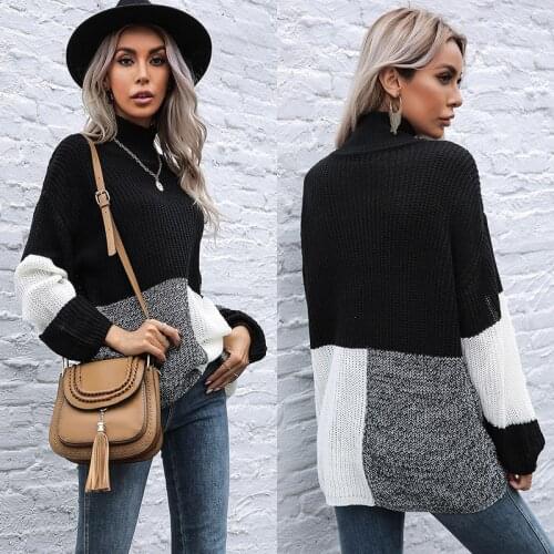 European and American color contrast leisure medium length sweater womens autumn and winter wear loose high collar knitwear