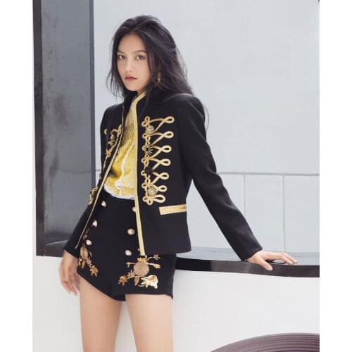 Baroque Style Gold Embroidery Short Jacket Women Stand Collar Double Breasted Slim Harajuku Black Vintage Baseball Crop Jacket