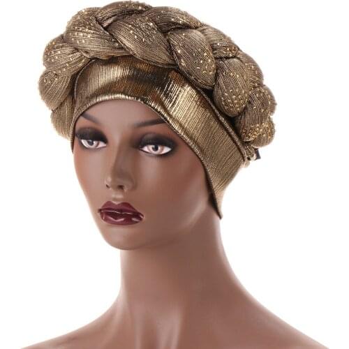 Womens Turban Hat Beanie Cap Braided With Hot Fix Rhinestone Braid Styling Fashion Beauty Hot Drill Thick Braids Bandana Cap