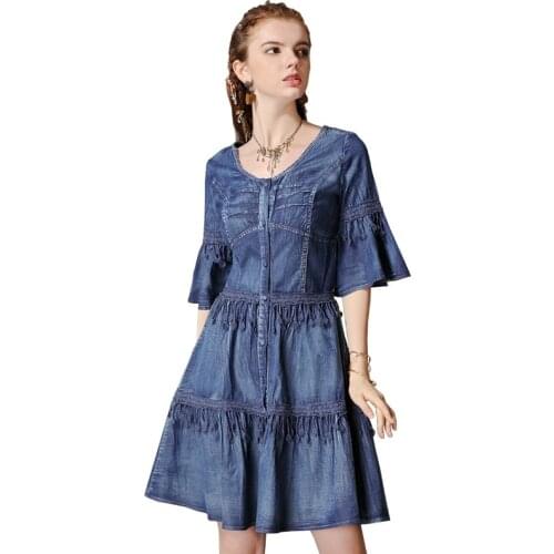 Vintage Denim Dress 2019 Autumn Women Fashion V Neck Tassels Ruffle Dress Midi Elegant Retro Jean Dresses Women 2019 AA4941