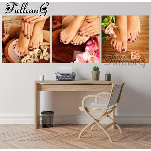 FULLCANG diy 5d diamond embroidery nail feet massage triptych painting 3pcs full square/round drill mosaic pattern decor FC644