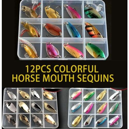 12Pcs Fishing Metal Spoon Lure Kit Set Gold Silver Baits Sequins Spinner Lures with Box Treble Hooks Fishing Tackle Gear YU079