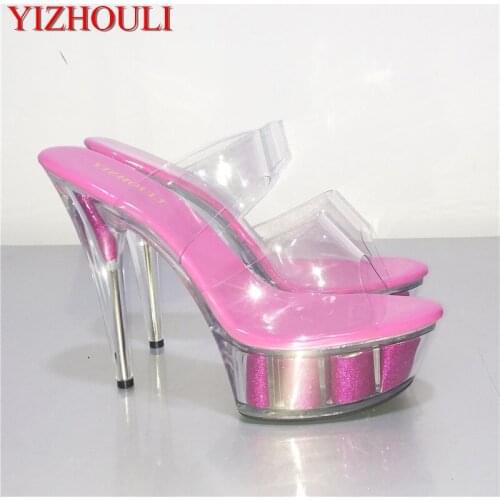 Transparent, rose platform, 15 cm high heel sandals, sexy stage 6 inch crystal fashion slippers