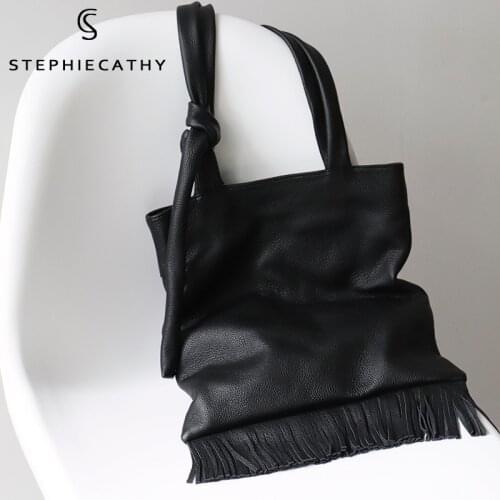 SC Retro Genuine Leather Tassel Shoulder Bags For Women Fashion Knot Handle Casual Tote Handbag Female Soft Large Crossbody Bag