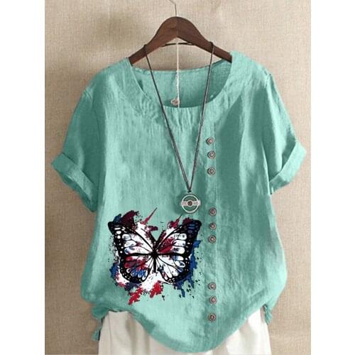 Womens Summer New Fashion Butterfly Prined Round Neck Short Sleeve T-shirt Casual Loose Solid Color Blouse Tops Plus Size