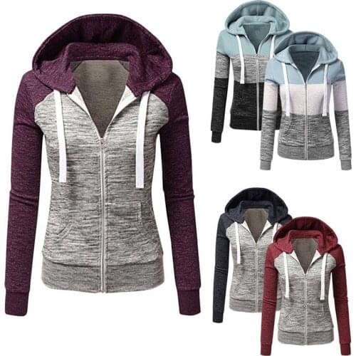 Women Patchwork Hooded Sweatshirt Autumn Spring Hooded Jacket Ladies Zip Pocket Drawstring Sweatshirts Casual Long Sleeve Tops