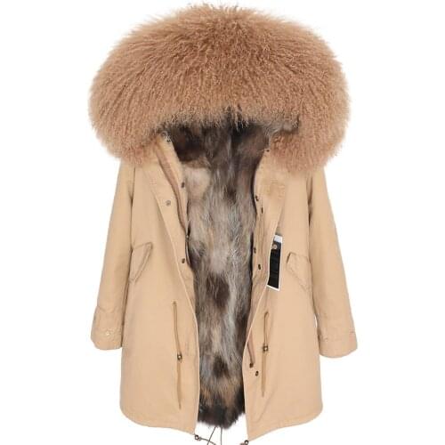 MAOMAOKONG Winter Female Midlong New Style Natural Real Wool Collar Jacket Raccoon Hair Lining Woman Parkas Coat