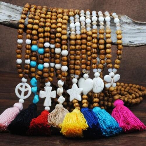 13MC Bohemian Handmade Long Sweater Chain Natural Wood Bead TurquoiseCotton Tassel Long Necklace Women Fashion Jew