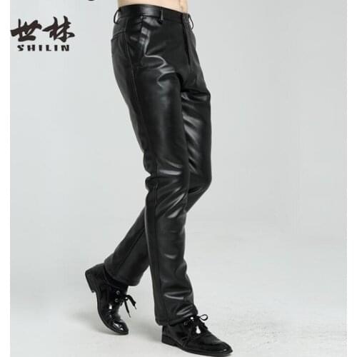 Plus thick velvet faux leather pants mens motorcycle loose pu pants fashion trousers for men winter black autumn pantalon homme