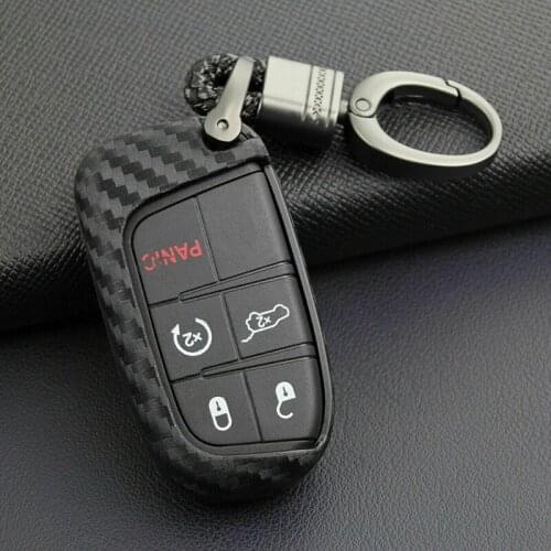 TPU Carbon Fiber Look Car Key Fob Chain Cover for Jeep Dodge Chrysler Accessories Case Ring Holder