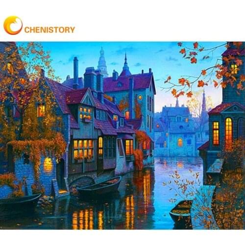CHENISTORY Blue Sky City Landscape Oil Picture By Numbers Kits For Adults Diy Framed On Canvas Modern Home Decoration Wall Craft