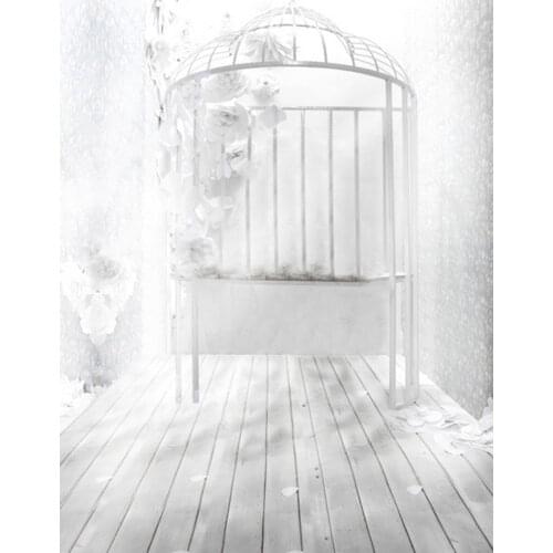5x7ft Wooden Floor White Flowers Birdcage Photography Backdrops Photo Props Studio Background