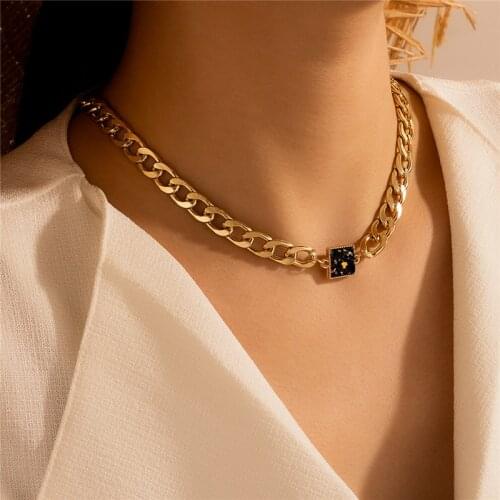 HuaTang Punk Gold Color Guban Chains Choker Necklace for Women Geometric Square Stone Charming Necklaces Ladies Party Jewelry