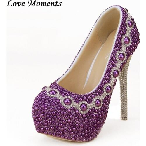Love Moments New Purple Pearl Rhinestone Fashion shoes Diamonds Girl Party shoes Pumps Adult High heels shoes Women